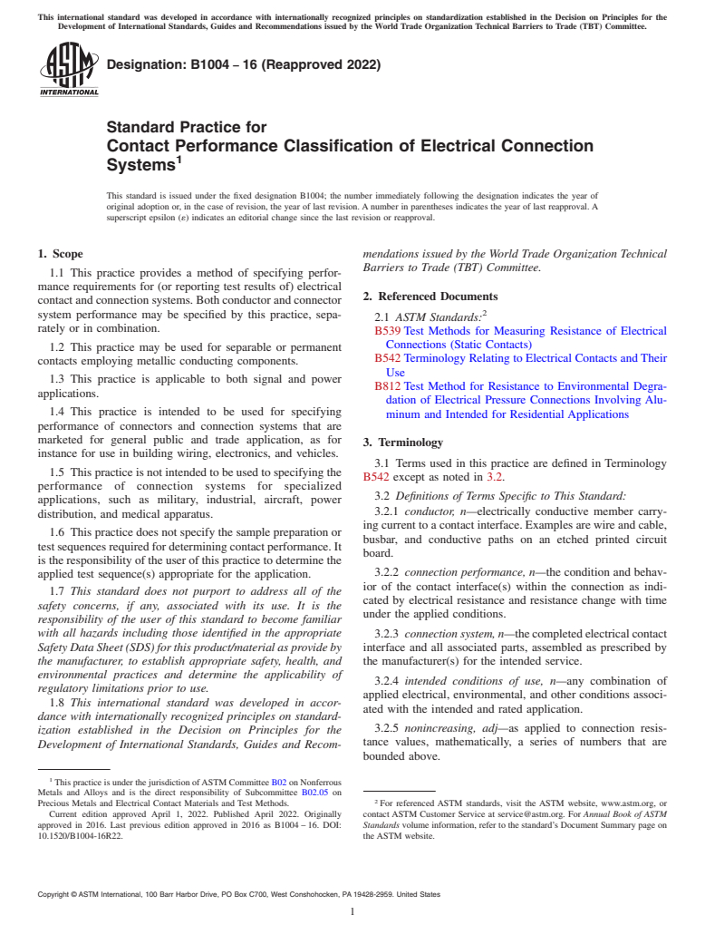 ASTM B1004-16(2022) - Standard Practice for Contact Performance Classification of Electrical Connection  Systems
