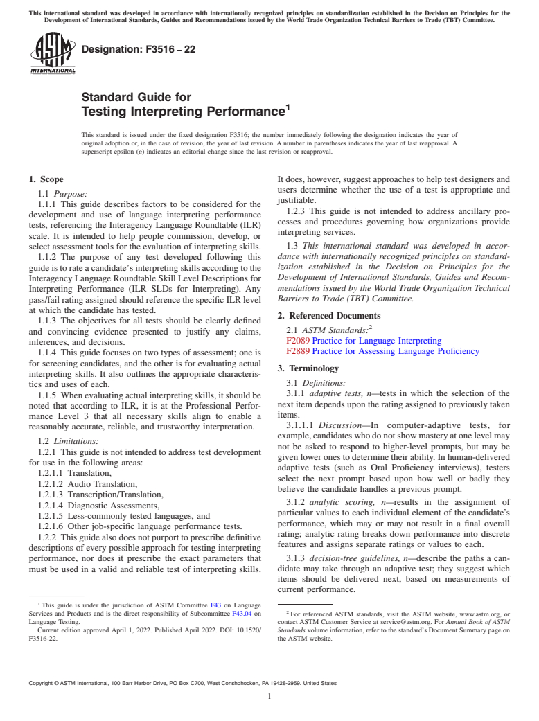 ASTM F3516-22 - Standard Guide for Testing Interpreting Performance