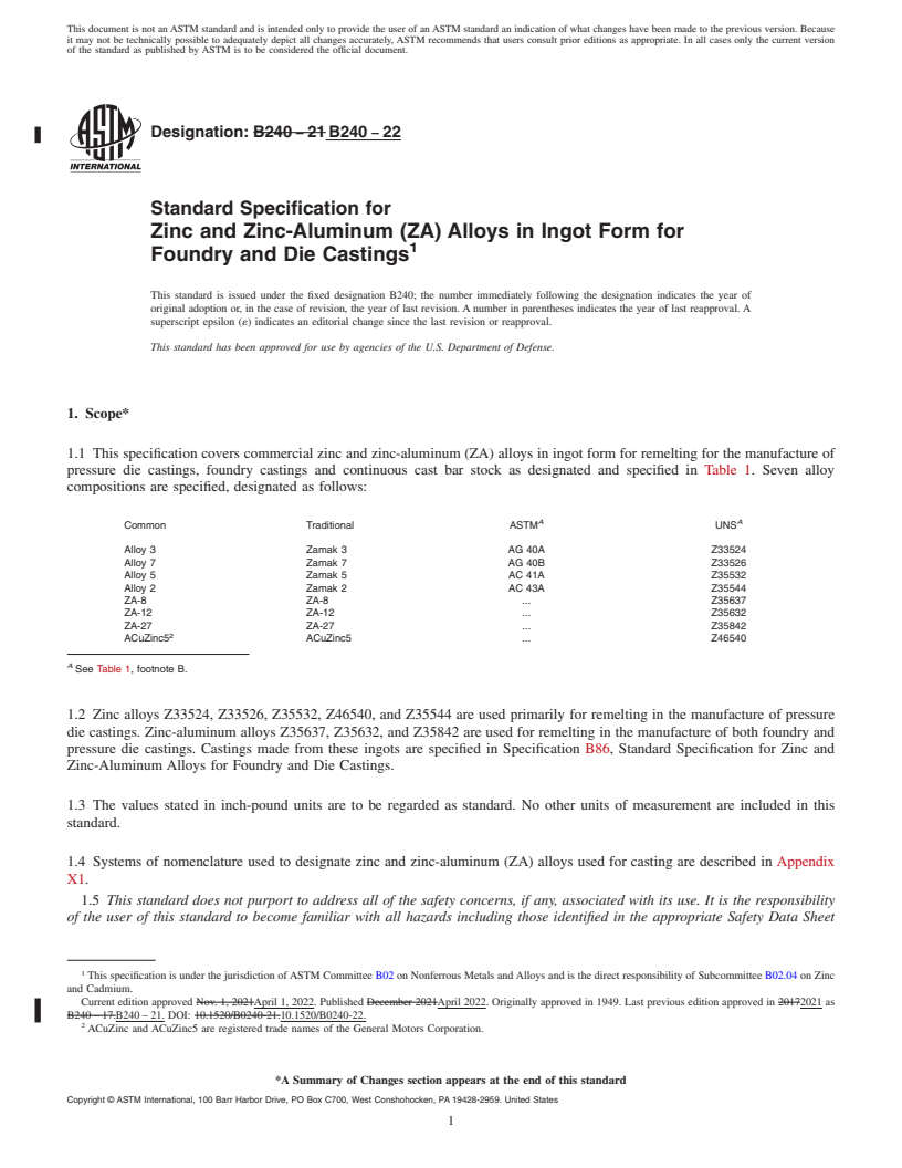 REDLINE ASTM B240-22 - Standard Specification for Zinc and Zinc-Aluminum (ZA) Alloys in Ingot Form for Foundry  and Die   Castings