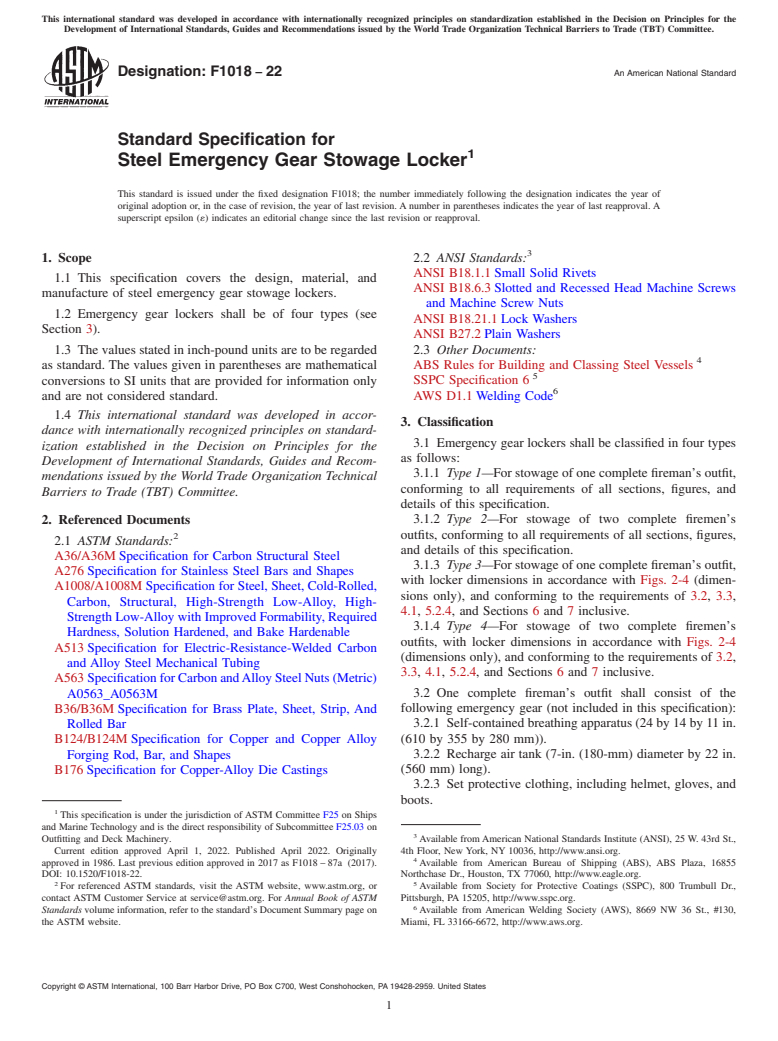 ASTM F1018-22 - Standard Specification for  Steel Emergency Gear Stowage Locker