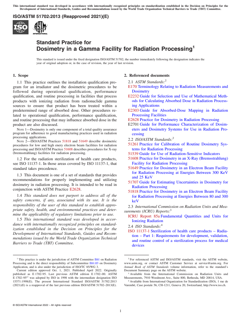 ASTM ISO/ASTM51702-13(2021) - Standard Practice for  Dosimetry in a Gamma Facility for Radiation Processing