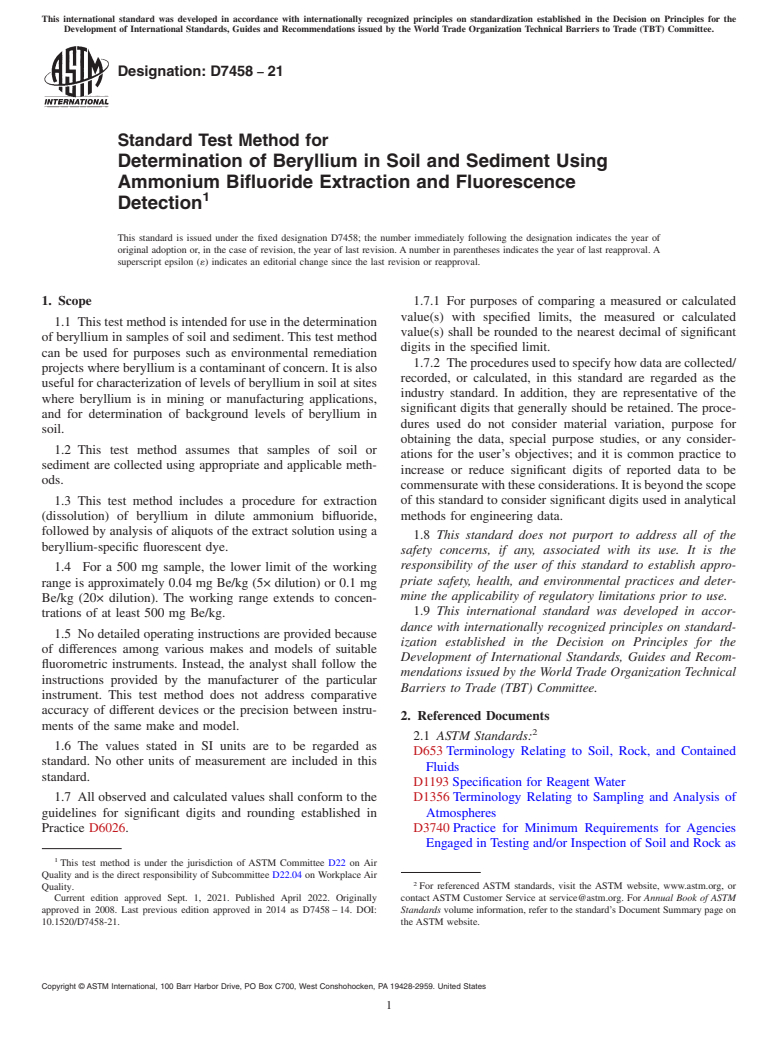 ASTM D7458-21 - Standard Test Method for  Determination of Beryllium in Soil and Sediment Using Ammonium  Bifluoride Extraction and Fluorescence Detection