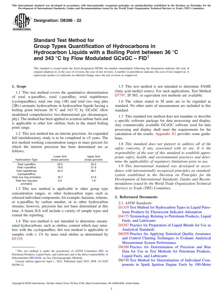 ASTM D8396-22 - Standard Test Method for Group Types Quantification of Hydrocarbons in Hydrocarbon Liquids  with a Boiling Point between 36 °C and 343 °C  by Flow Modulated GCxGC – FID