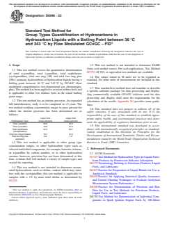 ASTM D8396-22 ASTM D8396-22 - Standard Test Method for Group Types Quantification of Hydrocarbons in Hydrocarbon Liquids with a Boiling Point between 36 °C and 343 °C by Flow Modulated GCxGC – FID - Page 1 preview