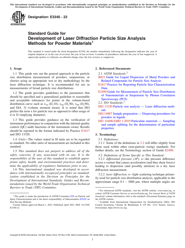 ASTM E3340-22 - Standard Guide for Development of Laser Diffraction Particle Size Analysis Methods  for Powder Materials