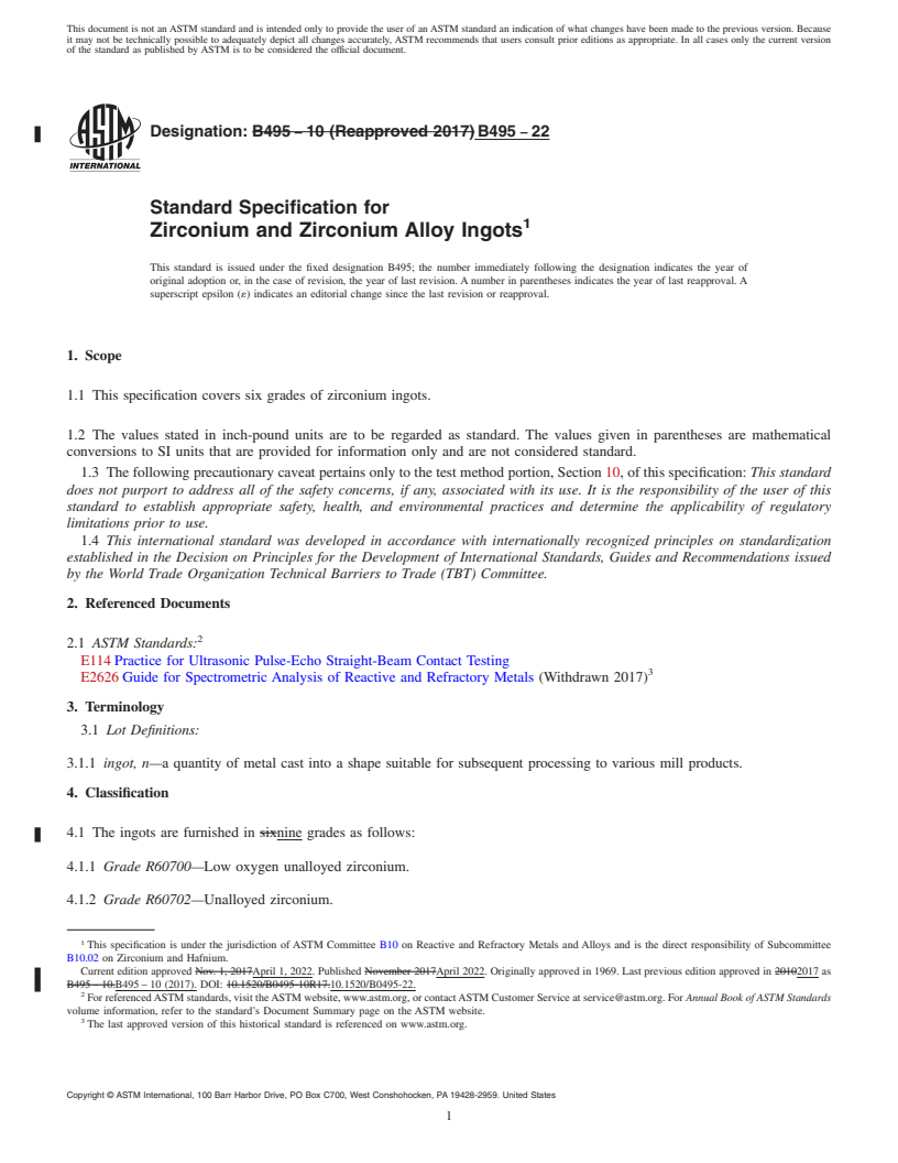 REDLINE ASTM B495-22 - Standard Specification for Zirconium and Zirconium Alloy Ingots