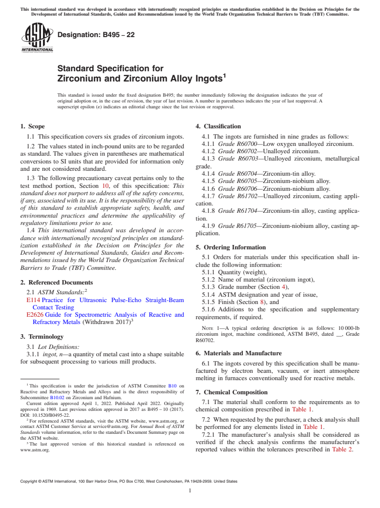 ASTM B495-22 - Standard Specification for Zirconium and Zirconium Alloy Ingots