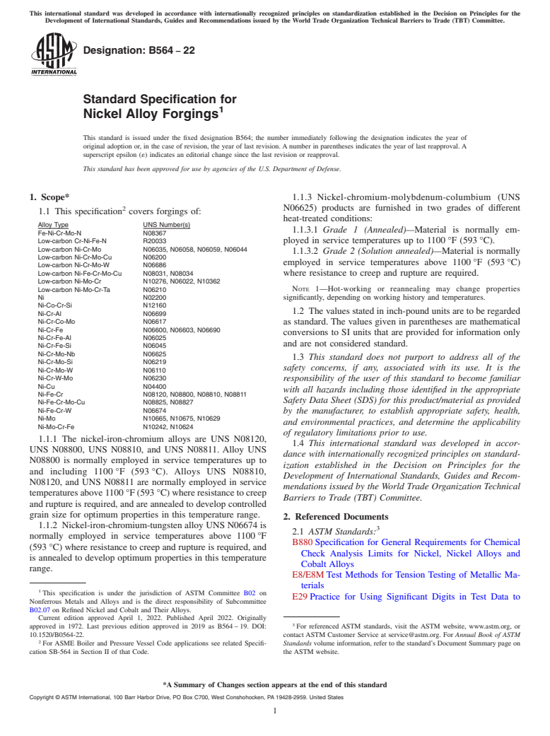 ASTM B564-22 - Standard Specification for Nickel Alloy Forgings