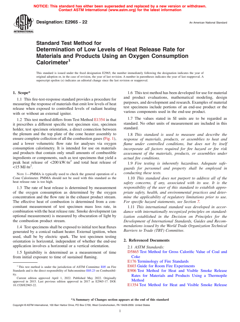 ASTM E2965-22 - Standard Test Method for Determination of Low Levels of Heat Release Rate for Materials  and Products Using an Oxygen Consumption Calorimeter