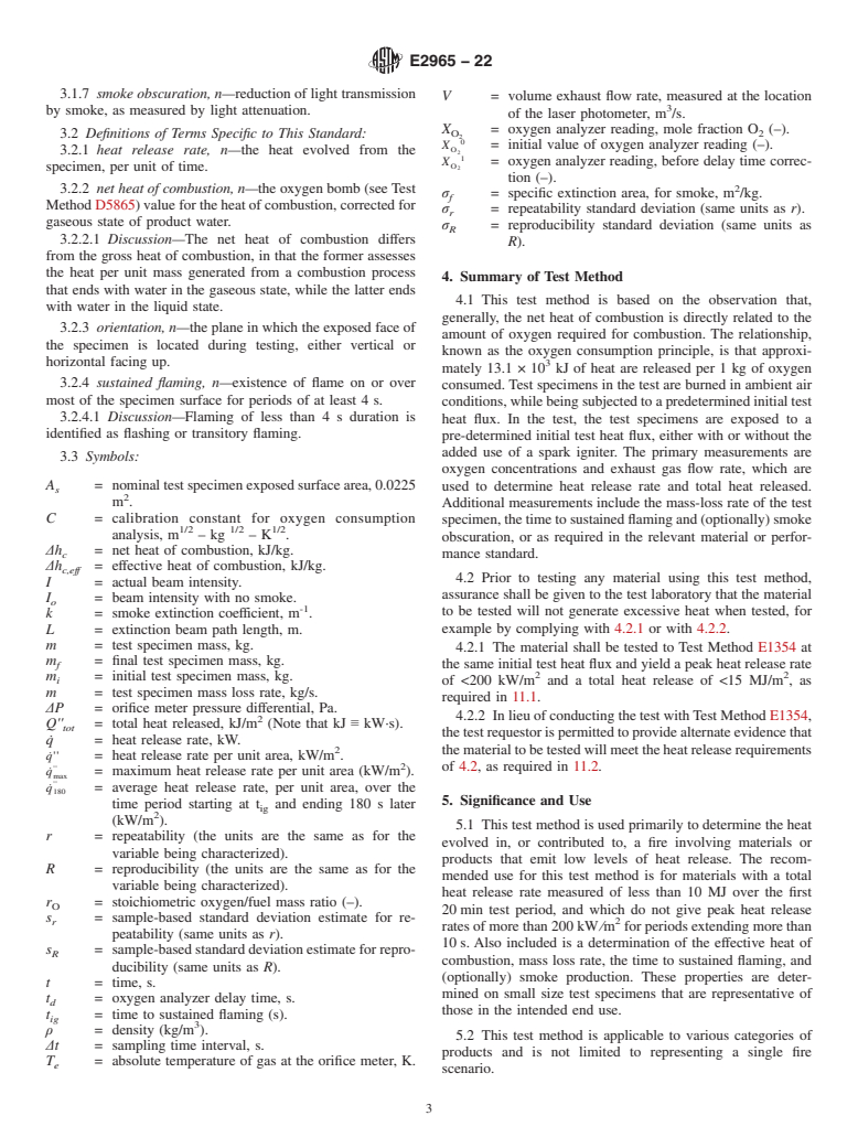 ASTM E2965-22 - Standard Test Method for Determination of Low Levels of Heat Release Rate for Materials  and Products Using an Oxygen Consumption Calorimeter