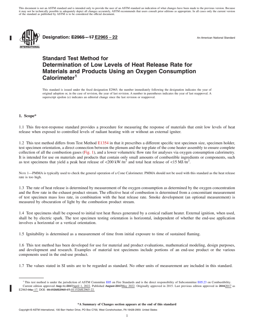 REDLINE ASTM E2965-22 - Standard Test Method for Determination of Low Levels of Heat Release Rate for Materials  and Products Using an Oxygen Consumption Calorimeter