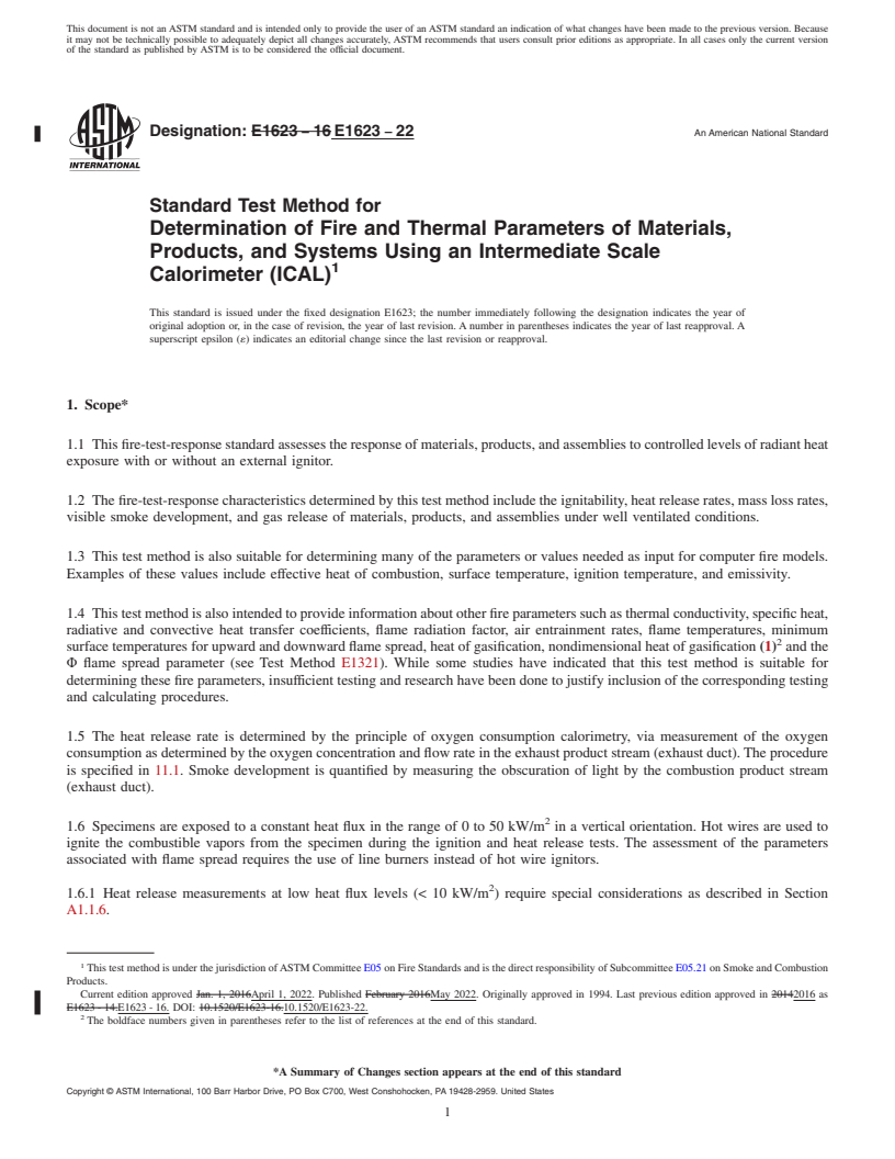 REDLINE ASTM E1623-22 - Standard Test Method for  Determination of Fire and Thermal Parameters of Materials,   Products, and Systems Using an Intermediate Scale Calorimeter (ICAL)