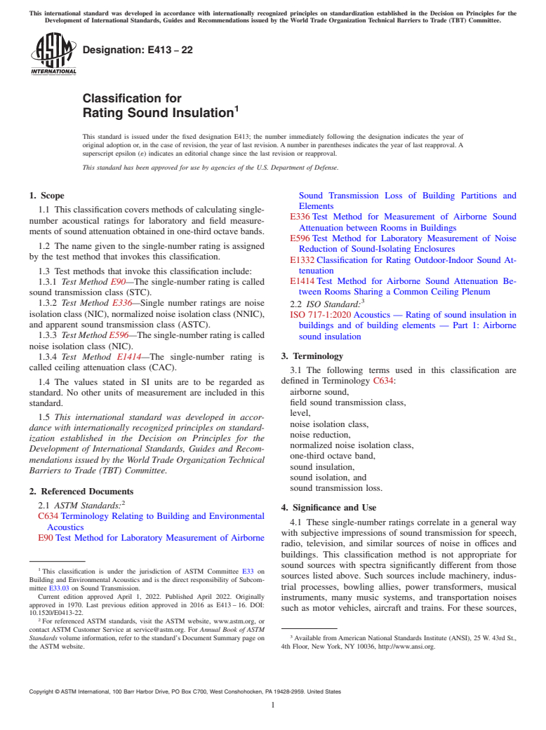 ASTM E413-22 - Classification for Rating Sound Insulation