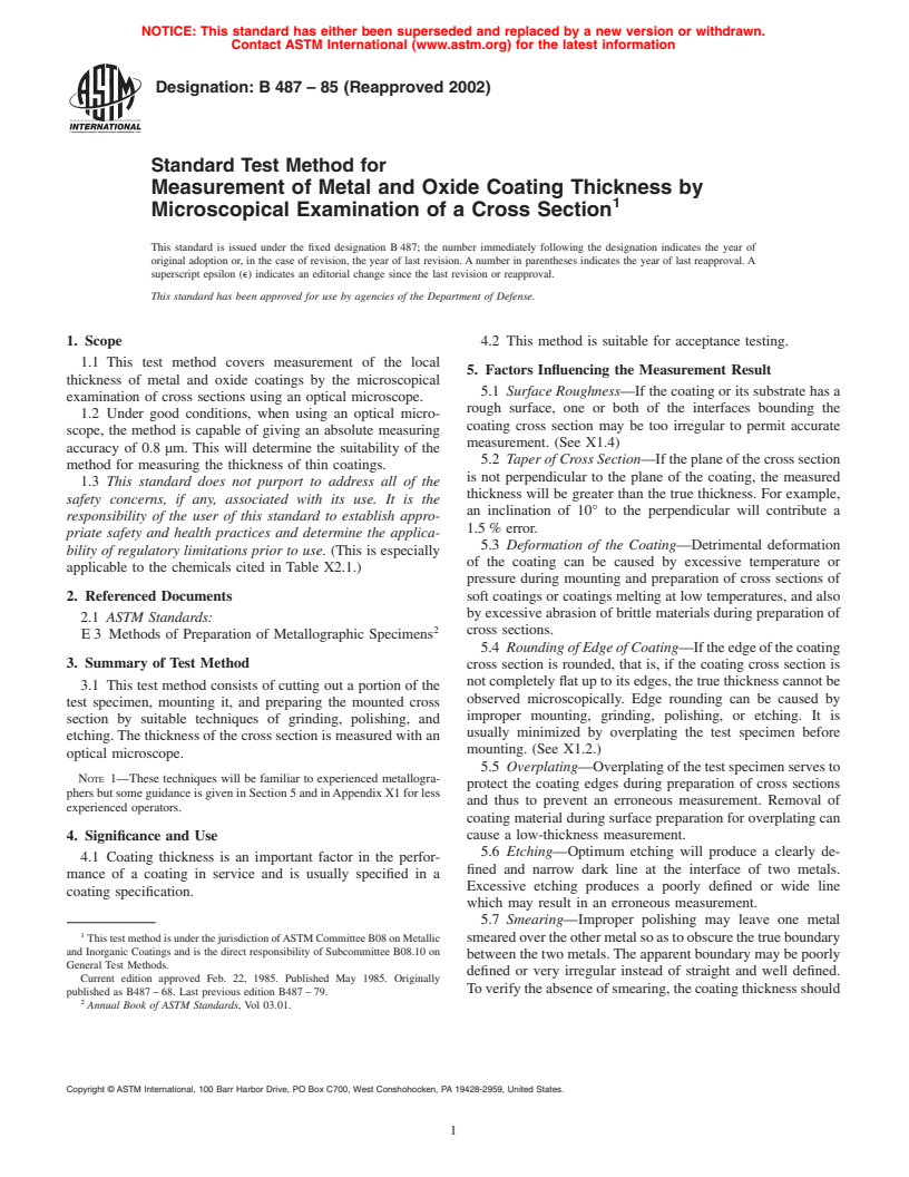 ASTM B487-85(2002) - Standard Test Method for Measurement of Metal and Oxide Coating Thickness by Microscopical Examination of a Cross Section