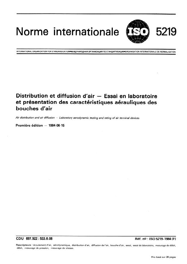 ISO 5219:1984 - Distribution et diffusion d'air -- Essai en laboratoire et présentation des caractéristiques aérauliques des bouches d'air