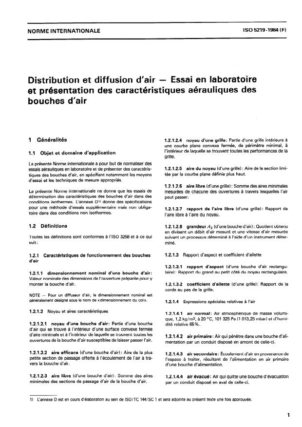 ISO 5219:1984 - Distribution et diffusion d'air -- Essai en laboratoire et présentation des caractéristiques aérauliques des bouches d'air