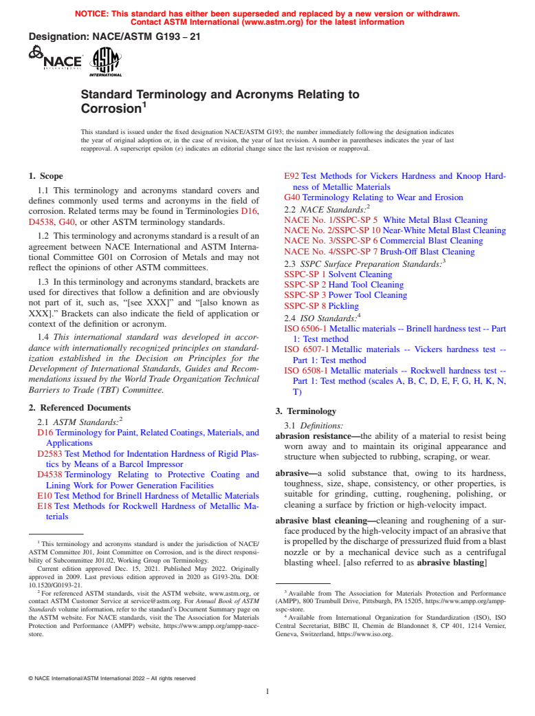 ASTM G193-21 - Standard Terminology and Acronyms Relating to Corrosion