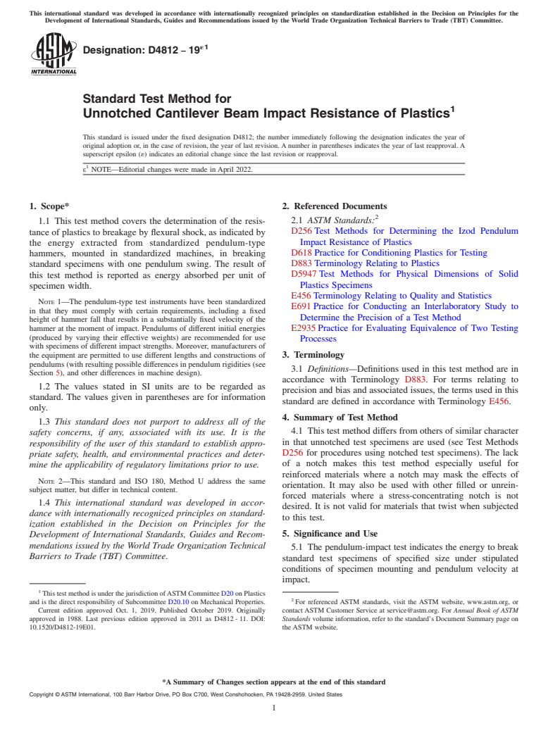 ASTM D4812-19e1 - Standard Test Method for Unnotched Cantilever Beam Impact Resistance of Plastics