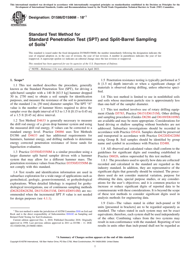 ASTM D1586/D1586M-18e1 - Standard Test Method for Standard Penetration Test (SPT) and Split-Barrel Sampling of   Soils