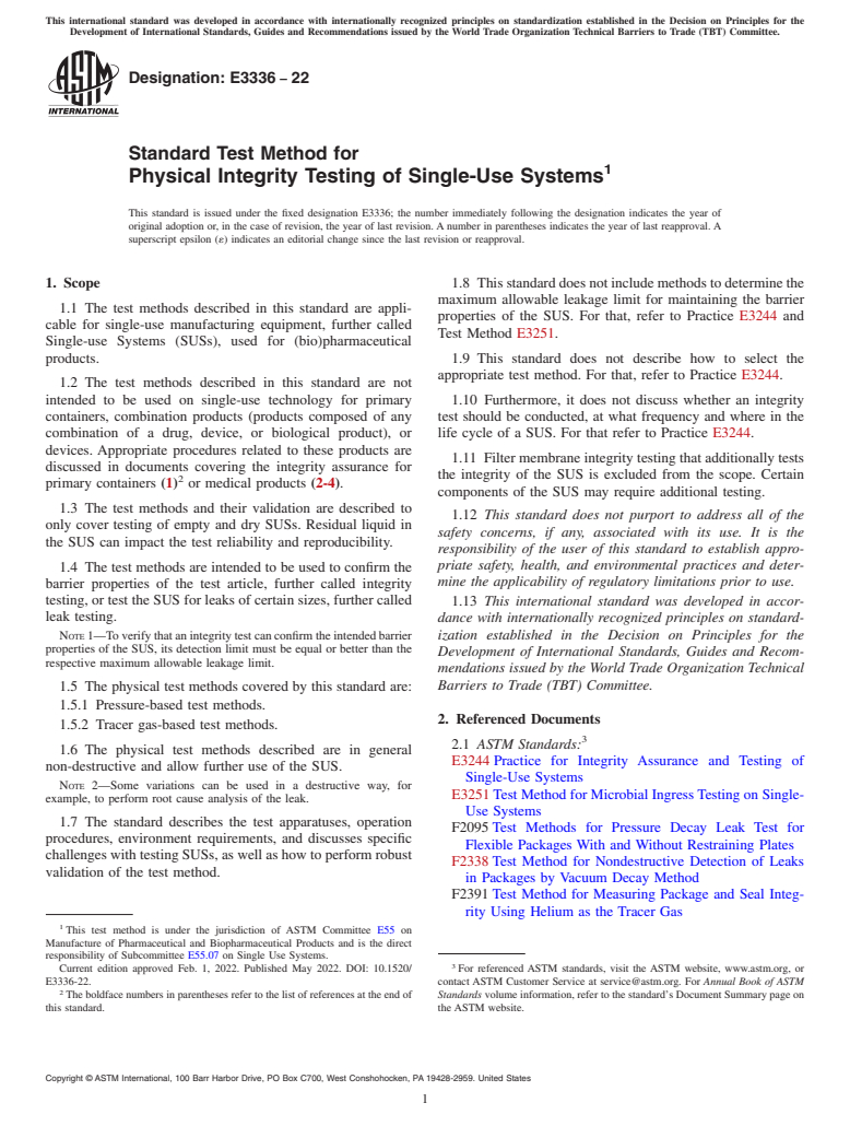 ASTM E3336-22 - Standard Test Method for Physical Integrity Testing of Single-Use Systems