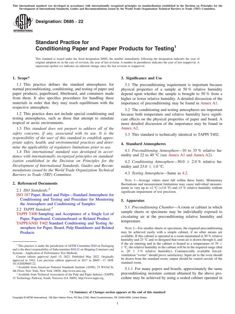 ASTM D685-22 - Standard Practice for  Conditioning Paper and Paper Products for Testing