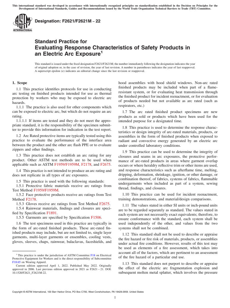ASTM F2621/F2621M-22 - Standard Practice for  Evaluating Response Characteristics of Safety Products in an  Electric Arc Exposure