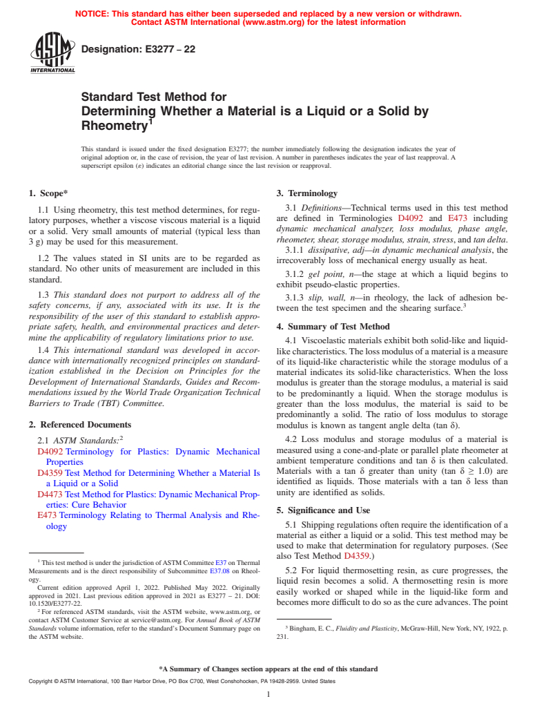 ASTM E3277-22 - Standard Test Method for Determining Whether a Material is a Liquid or a Solid by Rheometry