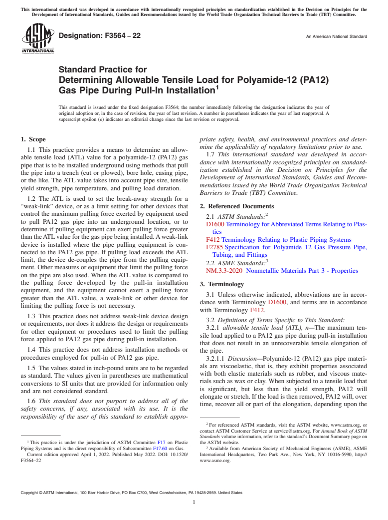 ASTM F3564-22 - Standard Practice for Determining Allowable Tensile Load for Polyamide-12 (PA12)  Gas Pipe During Pull-In Installation