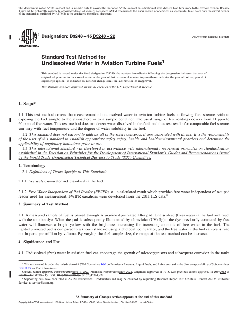 REDLINE ASTM D3240-22 - Standard Test Method for Undissolved Water In Aviation Turbine Fuels