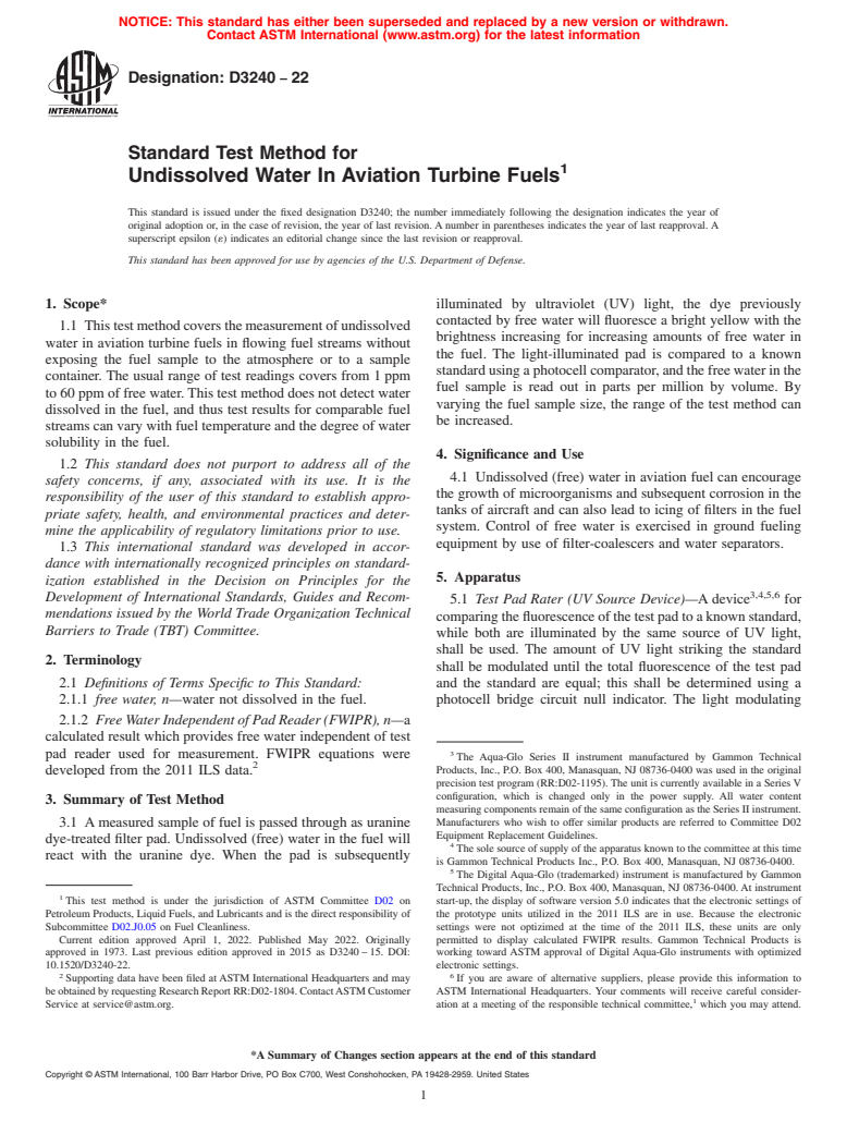 ASTM D3240-22 - Standard Test Method for Undissolved Water In Aviation Turbine Fuels
