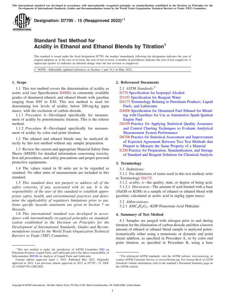 ASTM D7795-15(2022)e1 - Standard Test Method for Acidity in Ethanol and Ethanol Blends by Titration