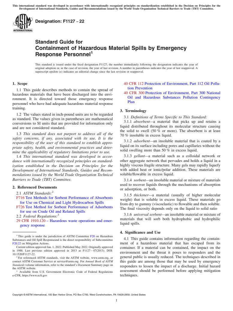 ASTM F1127-22 - Standard Guide for  Containment of Hazardous Material Spills by Emergency Response  Personnel