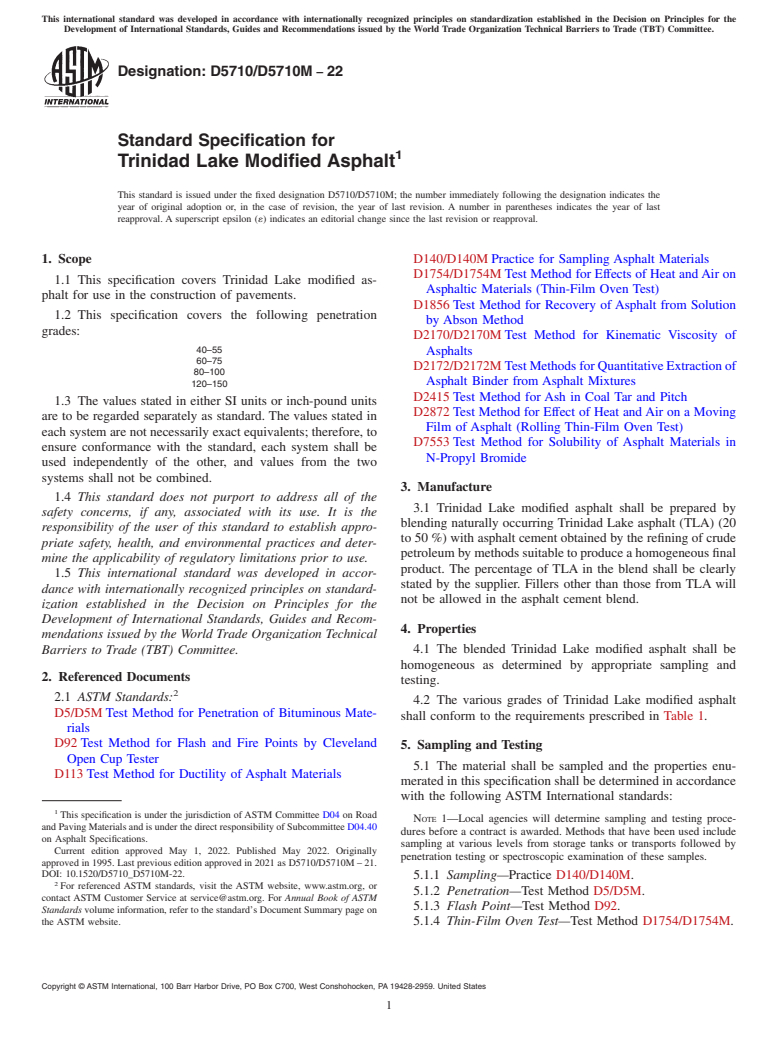 ASTM D5710/D5710M-22 - Standard Specification for Trinidad Lake Modified Asphalt
