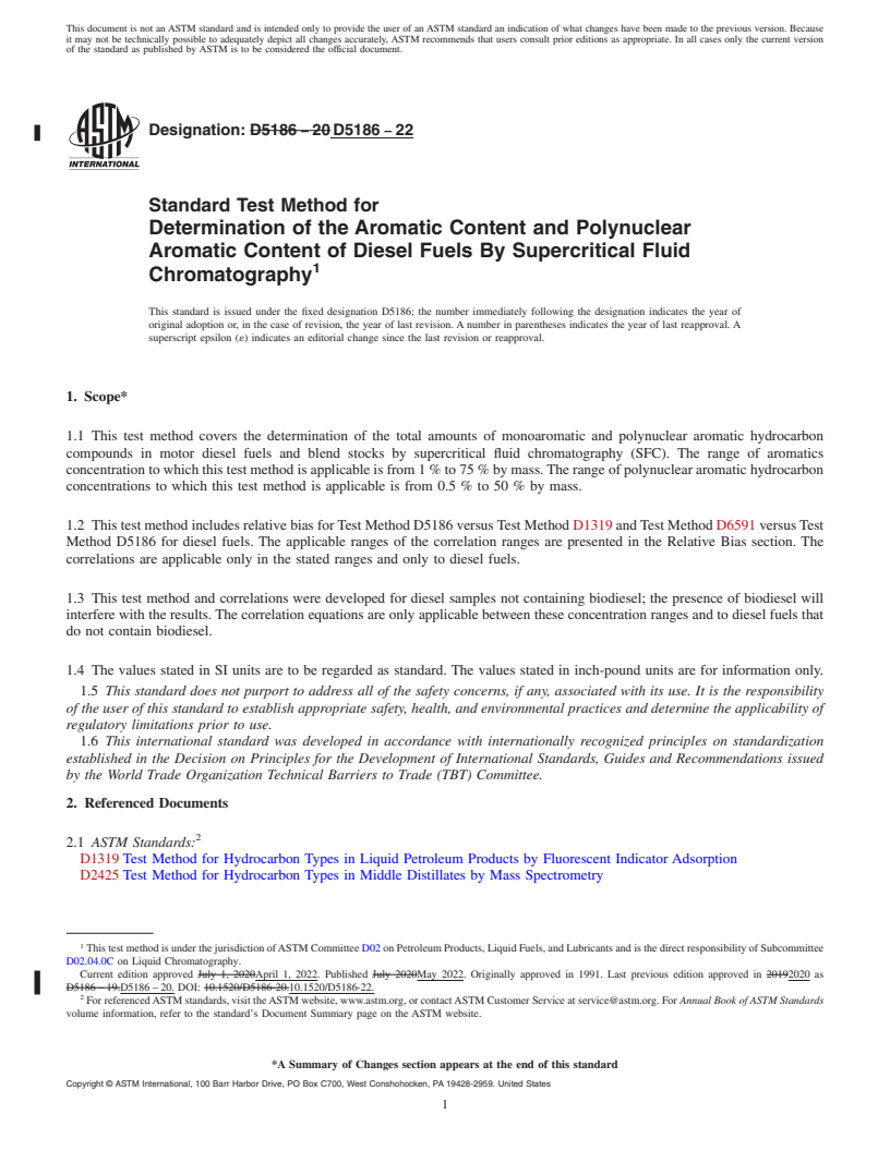 REDLINE ASTM D5186-22 - Standard Test Method for  Determination of the Aromatic Content and Polynuclear Aromatic  Content of Diesel Fuels By Supercritical Fluid Chromatography