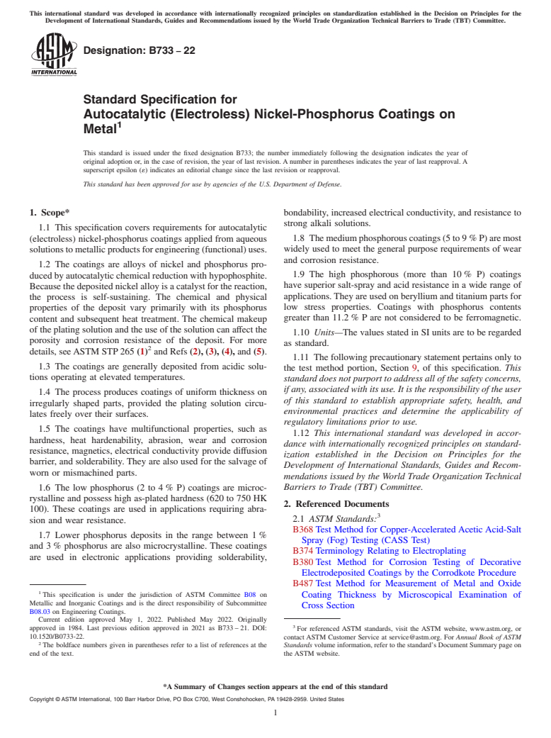 ASTM B733-22 - Standard Specification for  Autocatalytic (Electroless) Nickel-Phosphorus Coatings on Metal