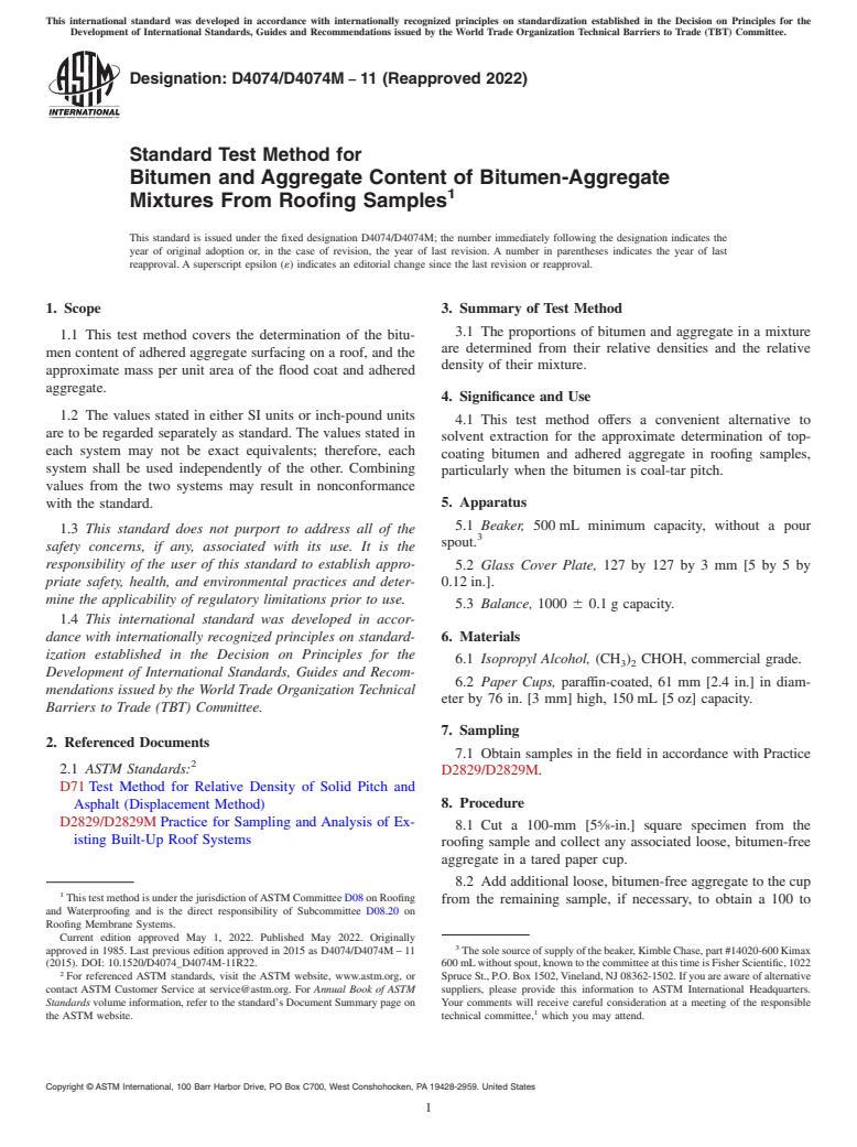 ASTM D4074/D4074M-11(2022) - Standard Test Method for  Bitumen and Aggregate Content of Bitumen-Aggregate Mixtures   From Roofing Samples