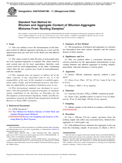 ASTM D4074/D4074M-11(2022) ASTM D4074/D4074M-11(2022) - Standard Test Method for Bitumen and Aggregate Content of Bitumen-Aggregate Mixtures From Roofing Samples - Page 1 preview