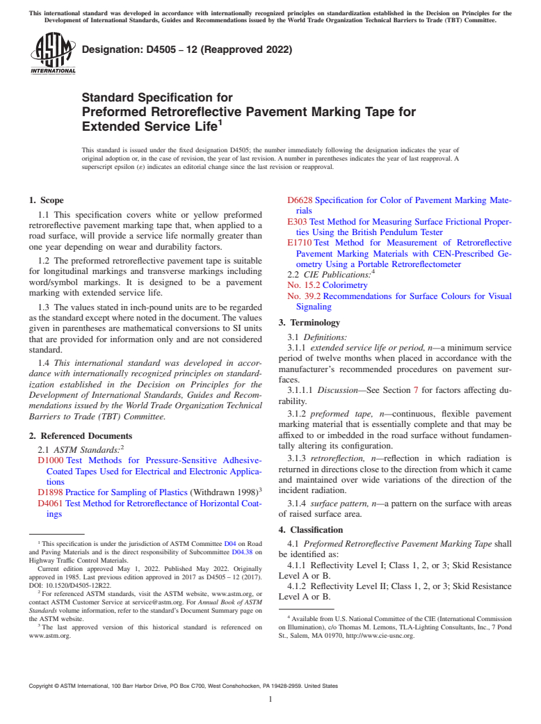 ASTM D4505-12(2022) - Standard Specification for Preformed Retroreflective Pavement Marking Tape for Extended  Service Life