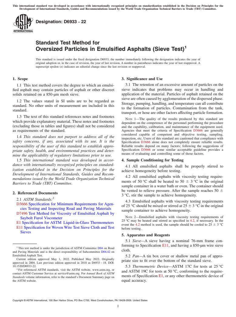 ASTM D6933-22 - Standard Test Method for  Oversized Particles in Emulsified Asphalts (Sieve Test)