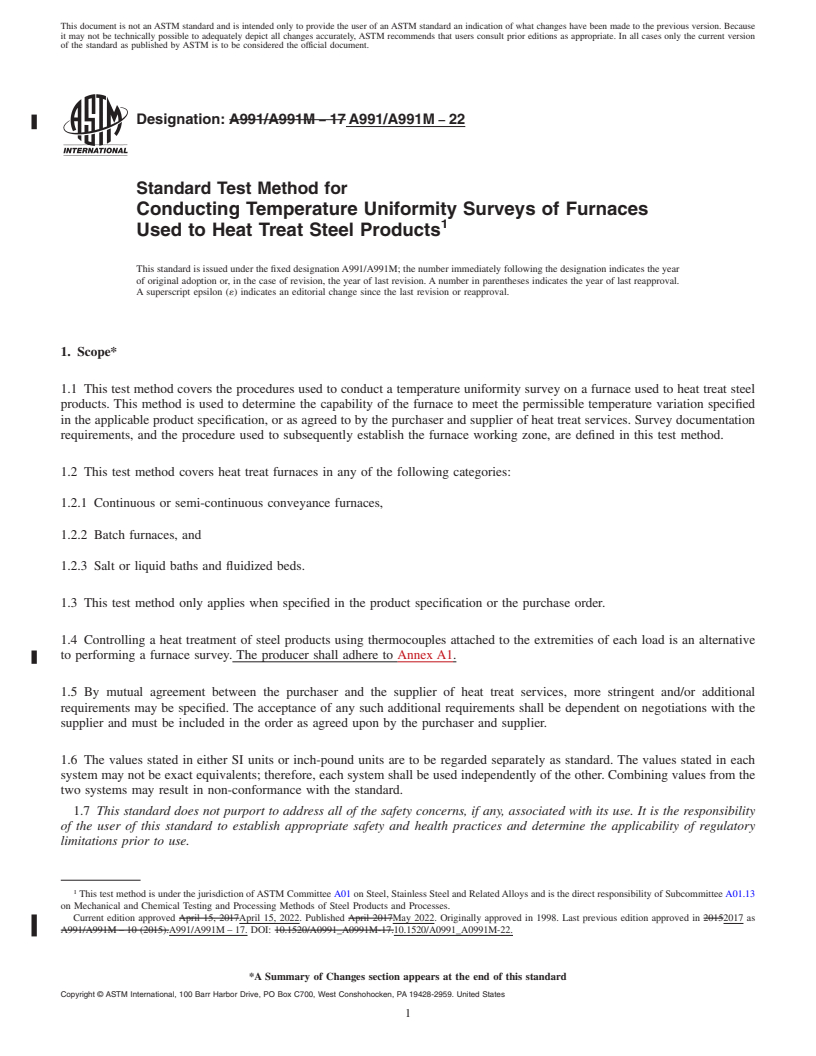 REDLINE ASTM A991/A991M-22 - Standard Test Method for  Conducting Temperature Uniformity Surveys of Furnaces Used  to Heat Treat Steel Products