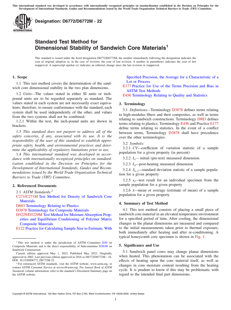 ASTM D6772/D6772M-22 - Standard Test Method for  Dimensional Stability of Sandwich Core Materials