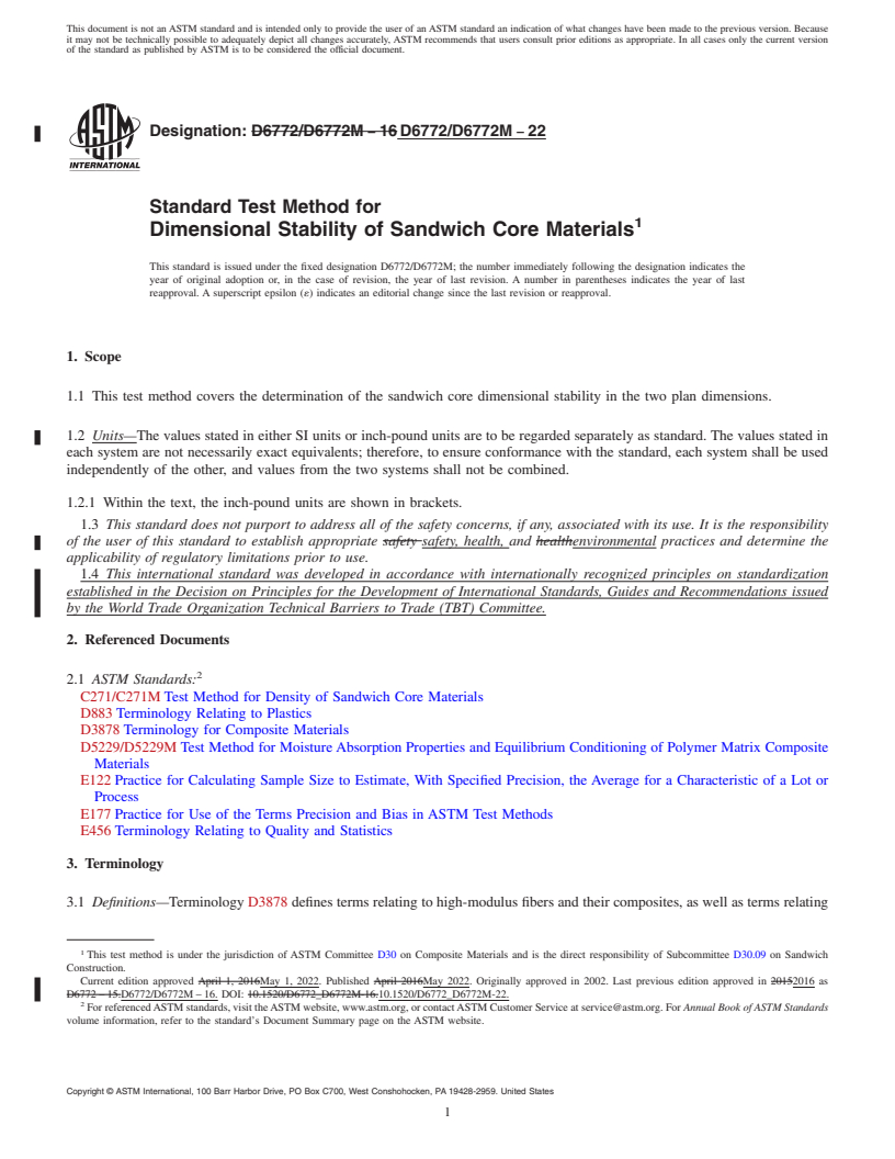 REDLINE ASTM D6772/D6772M-22 - Standard Test Method for  Dimensional Stability of Sandwich Core Materials