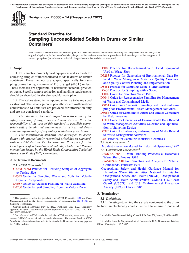 ASTM D5680-14(2022) - Standard Practice for  Sampling Unconsolidated Solids in Drums or Similar Containers