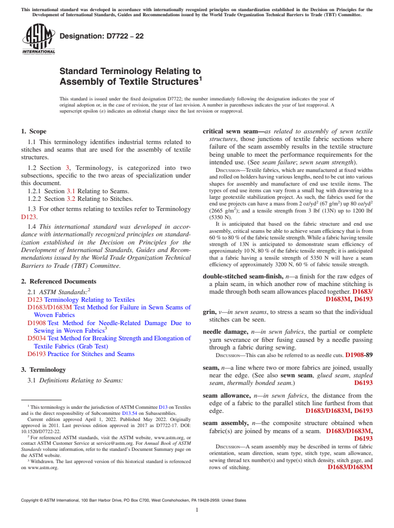 ASTM D7722-22 - Standard Terminology Relating to  Assembly of Textile Structures