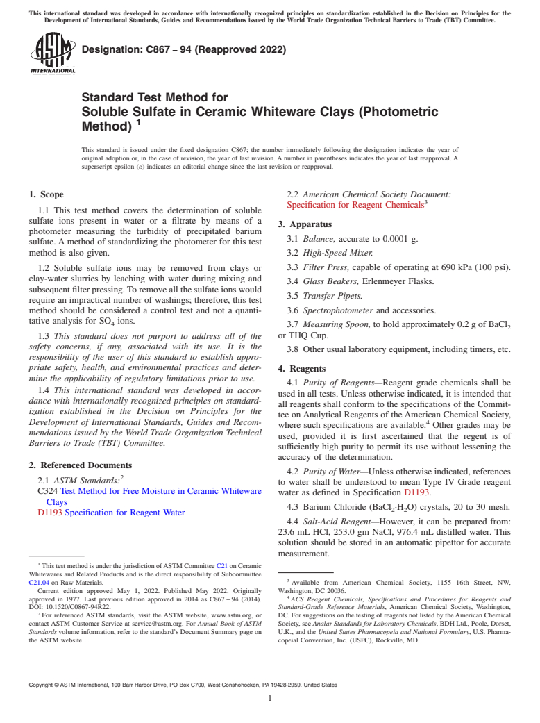 ASTM C867-94(2022) - Standard Test Method for  Soluble Sulfate in Ceramic Whiteware Clays (Photometric Method)