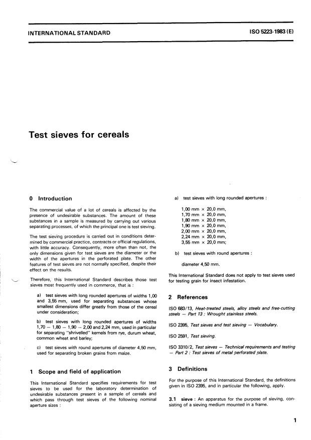ISO 5223:1983 - Test sieves for cereals