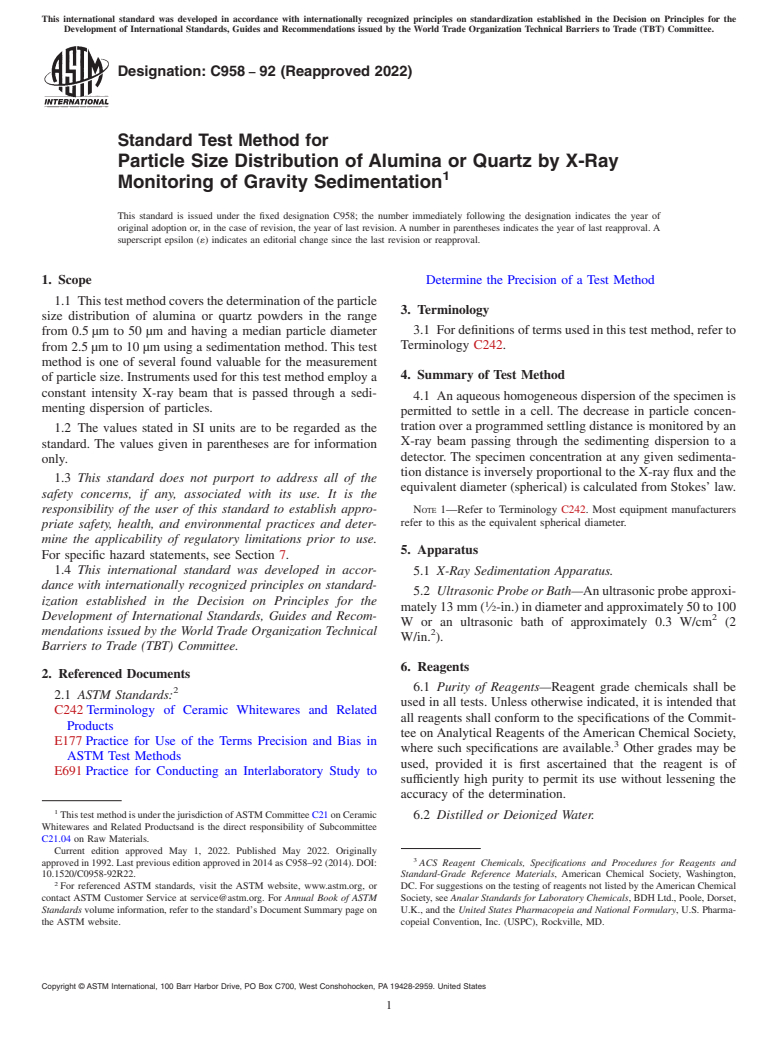 ASTM C958-92(2022) - Standard Test Method for  Particle Size Distribution of Alumina or Quartz by X-Ray Monitoring  of Gravity Sedimentation