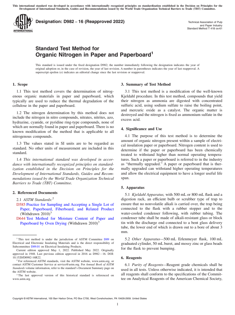 ASTM D982-16(2022) - Standard Test Method for  Organic Nitrogen in Paper and Paperboard