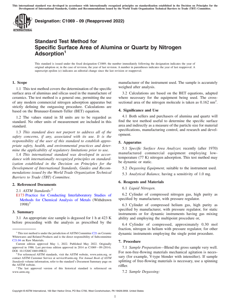 ASTM C1069-09(2022) - Standard Test Method for  Specific Surface Area of Alumina or Quartz by Nitrogen Adsorption