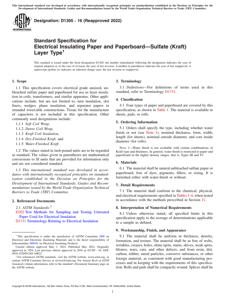 ASTM D1305-16(2022) - Standard Specification for  Electrical Insulating Paper and Paperboard—Sulfate (Kraft)   Layer Type